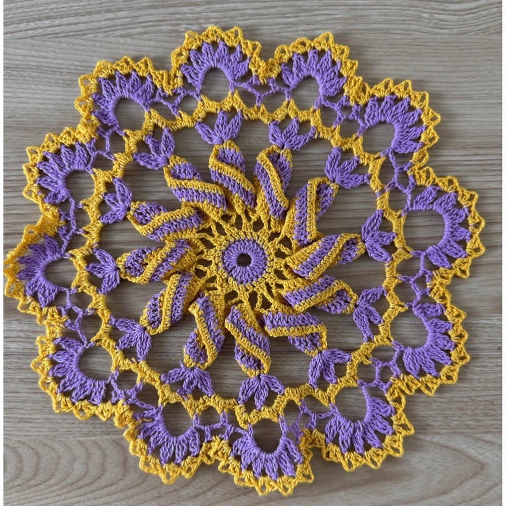Handmade Purple Gold Crochet Centerpiece 3D Floral Mercerized Cotton 9 Inch